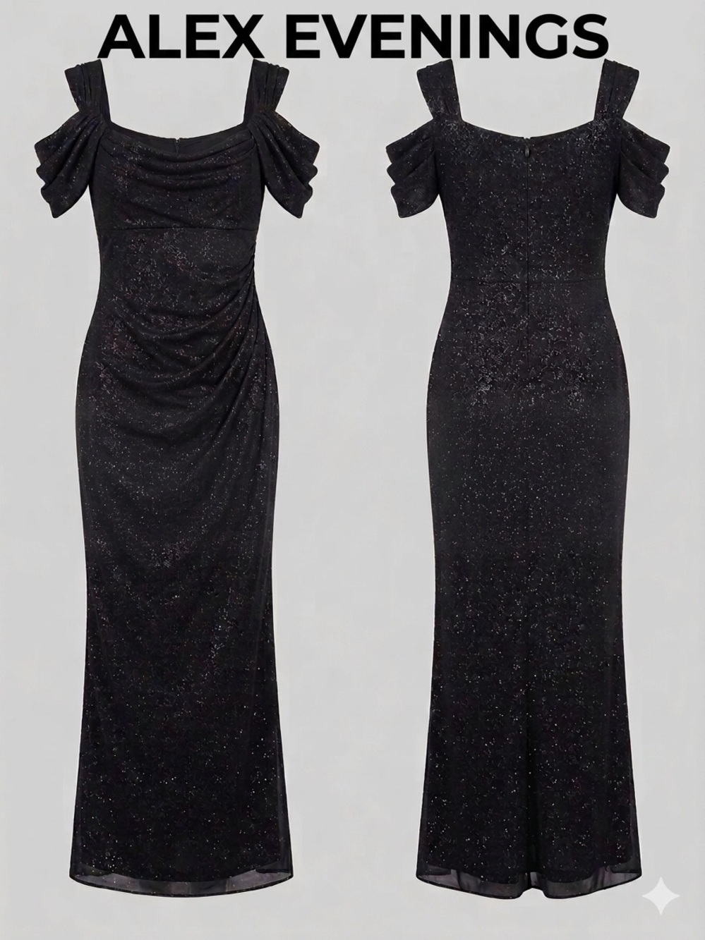 Alex Evenings Black Glitter Cold Shoulder Gown - Size 6P (Fits L)